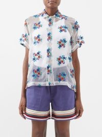 BODE Daisy-embroidered semi-sheer silk shirt in white / women’s floral shirts