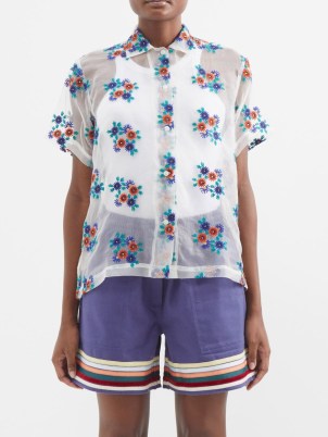 BODE Daisy-embroidered semi-sheer silk shirt in white / women’s floral shirts - flipped