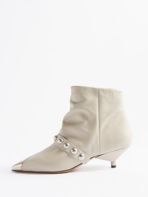 ISABEL MARANT Donatee leather ankle boots in white / women’s studded booties / womens western inspired footwear / contemporary kitten heels / pointed toe cap