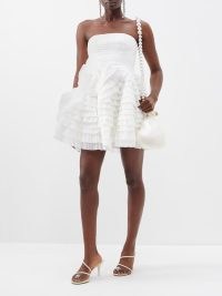 AJE Strapless pleated tulle mini dress in white ~ women’s bandeau fit and volume tiered party dresses ~ frothy evening occasion fashion