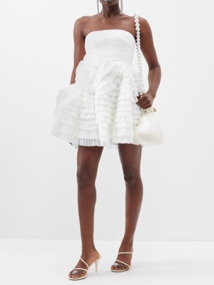 AJE Strapless pleated tulle mini dress in white ~ women’s bandeau fit and volume tiered party dresses ~ frothy evening occasion fashion