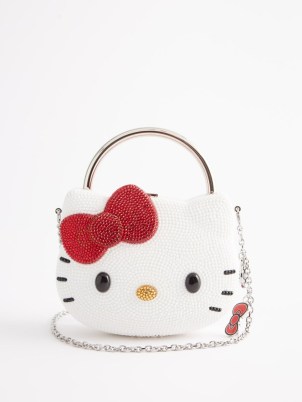 JUDITH LEIBER X Hello Kitty crystal-embellished clutch bag in white | cute kitten occasion bags | small luxe party handbags covered in crystals | animal themed evening accessories - flipped