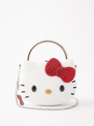 JUDITH LEIBER X Hello Kitty crystal-embellished clutch bag in white | cute kitten occasion bags | small luxe party handbags covered in crystals | animal themed evening accessories
