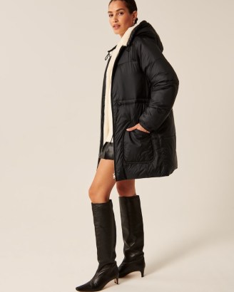 Abercrombie & Fitch A&F Air Cloud Puffer Parka ~ women’s black padded parkas ~ womens hooded zip front winter coats - flipped