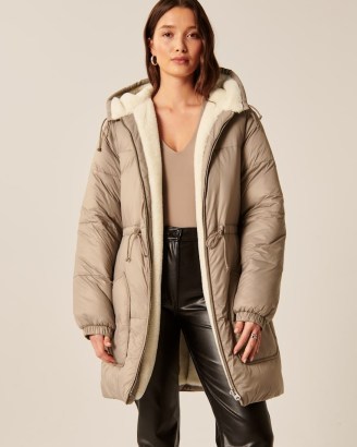 Abercrombie & Fitch A&F Air Cloud Puffer Parka in Taupe / women’s faux fur lined parkas / womens hooded winter coats - flipped