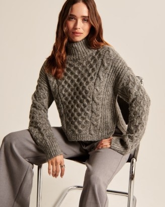 Abercrombie & Fitch Cable Turtleneck Sweater in Grey | women’s sup soft mockneck sweaters | womens drop shoulder slit hem jumper | high neck jumpers - flipped