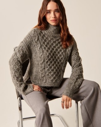 Abercrombie & Fitch Cable Turtleneck Sweater in Grey | women’s sup soft mockneck sweaters | womens drop shoulder slit hem jumper | high neck jumpers
