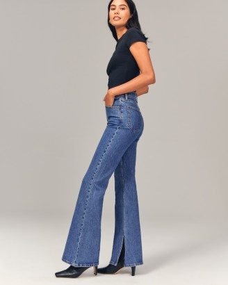 Abercrombie & Fitch A&F High Rise Vintage Flare Jean in Medium Blue | women’s slit hem denim flares | womens flared split leg jeans - flipped