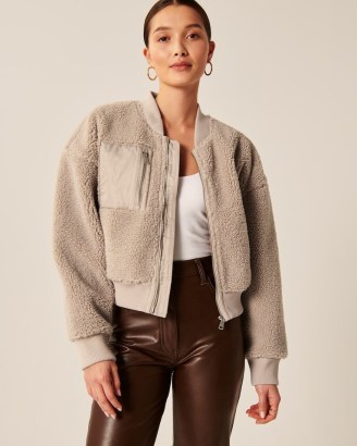 Abercrombie & Fitch Long Sherpa Bomber Jacket in Taupe / women’s textured faux shearling jackets - flipped
