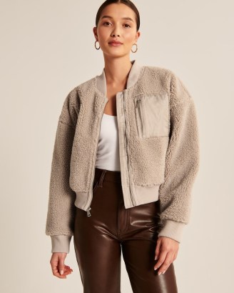 Abercrombie & Fitch Long Sherpa Bomber Jacket in Taupe / women’s textured faux shearling jackets