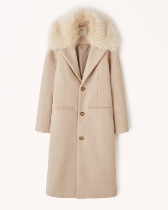 Abercrombie & Fitch Long-Length Wool-Blend Slim Coat in Tan / women’s longline faux fur collar coats / luxe style winter outerwear - flipped