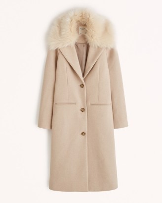 Abercrombie & Fitch Long-Length Wool-Blend Slim Coat in Tan / women’s longline faux fur collar coats / luxe style winter outerwear