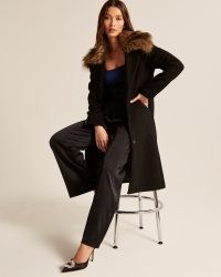 Abercrombie & Fitch Long-Length Wool-Blend Slim Coat in Black | women’s chic longline faux fur collar winter coats