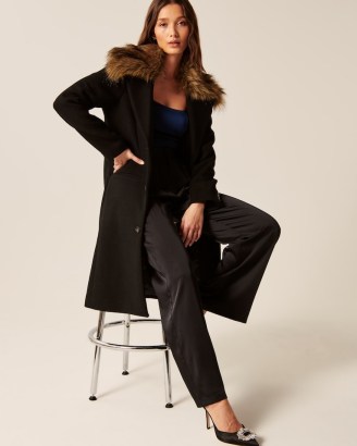 Abercrombie & Fitch Long-Length Wool-Blend Slim Coat in Black | women’s chic longline faux fur collar winter coats - flipped