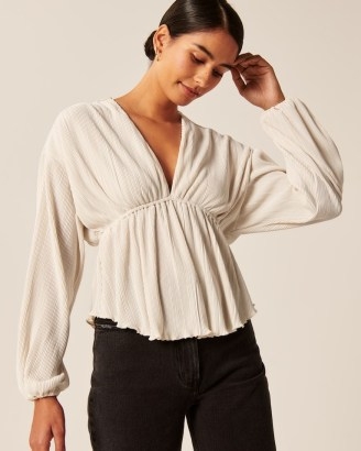 Abercrombie & Fitch Long-Sleeve Easy Waist Satin Top in Cream ~ deep V-neck empired waist tops