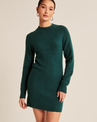 Abercrombie & Fitch Long-Sleeve Mockneck Mini Sweater Dress ~ ribbed teal-green jumper dresses - flipped