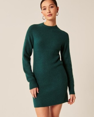 Abercrombie & Fitch Long-Sleeve Mockneck Mini Sweater Dress ~ ribbed teal-green jumper dresses