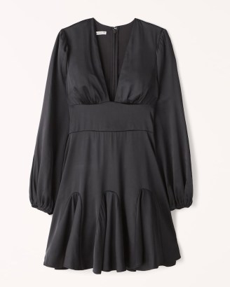 Abercrombie & Fitch Long-Sleeve Plunge Satin Mini Dress in Black ~ blouson sleeved flounce hem dresses ~ deep plunging neckline LBD - flipped