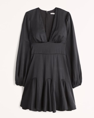 Abercrombie & Fitch Long-Sleeve Plunge Satin Mini Dress in Black ~ blouson sleeved flounce hem dresses ~ deep plunging neckline LBD