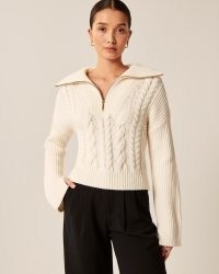 Abercrombie & Fitch Merino Wool-Blend Cable Half-Zip in White | women’s collared sweaters | womens chic pullovers | drop shoulder jumpers