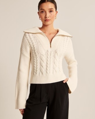 Abercrombie & Fitch Merino Wool-Blend Cable Half-Zip in White | women’s collared sweaters | womens chic pullovers | drop shoulder jumpers - flipped