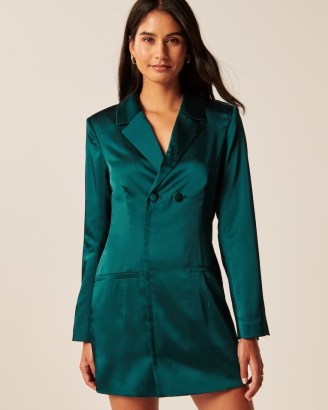 Abercrombie & Fitch Satin Blazer Mini Dress in Green – silky jacket style evening dresses - flipped