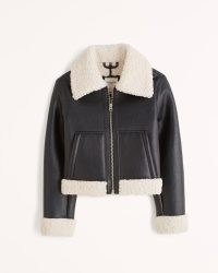 Aberrombie & Fitch Sherpa-Lined Vegan Leather Shearling Jacket in Black ~ textured faux fur trimmed jackets