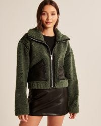 Abercrombie & Fitch Shrunken Aviator Jacket in Green – women’s textured front zip up jackets