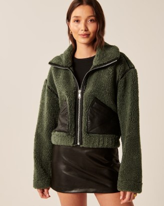 Abercrombie & Fitch Shrunken Aviator Jacket in Green – women’s textured front zip up jackets - flipped