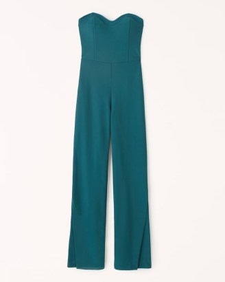 Abercrombie & Fitch Strapless Corset Jumpsuit in Teal ~ blue-green bandeau jumpsuits ~ sweetheart neckline all-in-one ~ women’s evening fashion
