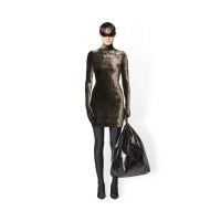 BALENCIAGA WOMEN’S TURTLENECK DRESS IN COFFEE – luxe dark-brown crushed stretch velvet bodycon dresses – removable gloves buttoned at cuffs