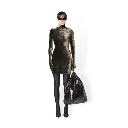 BALENCIAGA WOMEN’S TURTLENECK DRESS IN COFFEE – luxe dark-brown crushed stretch velvet bodycon dresses – removable gloves buttoned at cuffs