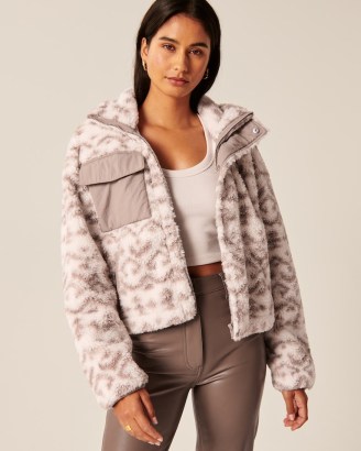 Abercrombie & Fitch Long Sherpa Bomber Jacket in White Print – fluffy zip front jackets - flipped