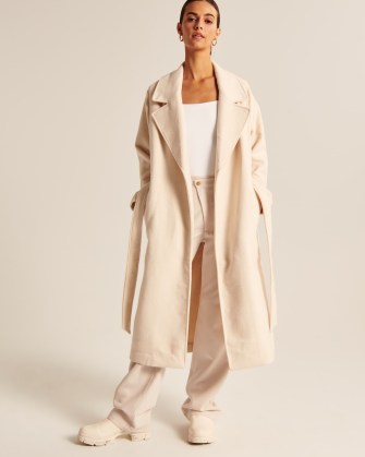 Abercrombie & Fitch Wool-Blend Belted Blanket Coat ~ cream longline tie waist wrap coats ~ women’s luxe style outerwear