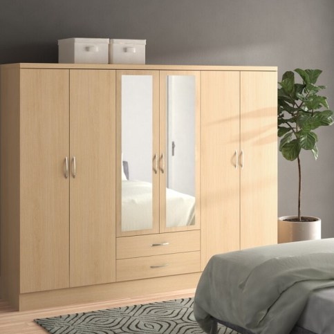 Wayfair Brashear 6 Door Manufactured Wood Wardrobe – Zipcode Design – six-door wardrobe – interior hanging rails – three interior shelves – two drawers - flipped
