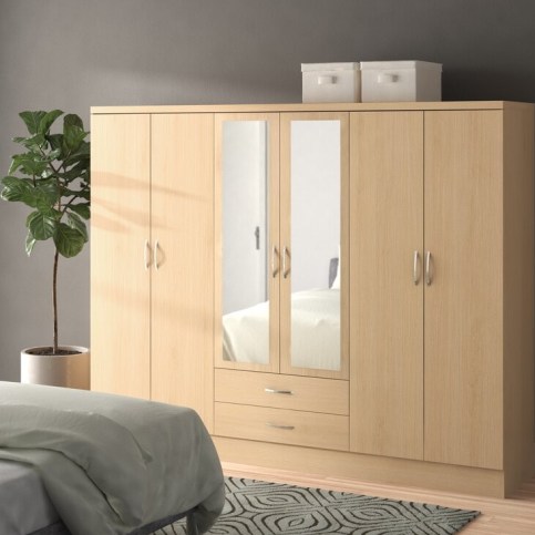 Wayfair Brashear 6 Door Manufactured Wood Wardrobe – Zipcode Design – six-door wardrobe – interior hanging rails – three interior shelves – two drawers