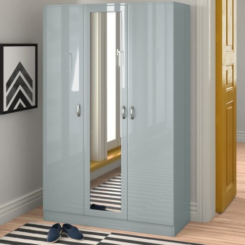 Wayfair Brendle 3 Door Wardrobe – Zipcode Design – high gloss finish – integrated mirror – seven adjustable shelves and hnaging rail - flipped