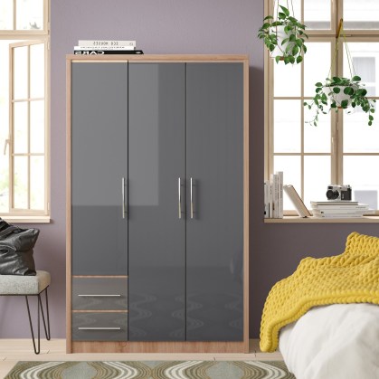Wayfair Louisa 3 Door Manufactured Wood Wardrobe – Zipcode Design – drawers sit on roller glides for a smooth opening and closing action - flipped