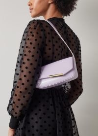 L.K. BENNETT Adelaide Lilac Leather Shoulder Bag ~ asymmetric front flap baguette style bags ~ 90s inspired handbags