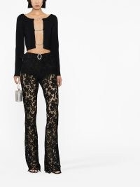 Alessandra Rich crystal-embellished lace trousers in black ~ floral semi sheer evening fashion