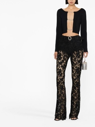 Alessandra Rich crystal-embellished lace trousers in black ~ floral semi sheer evening fashion - flipped