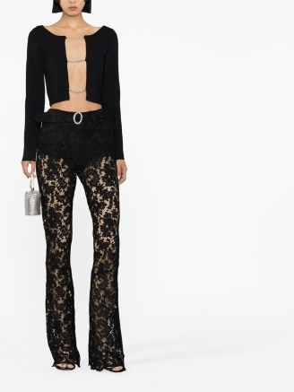 Alessandra Rich crystal-embellished lace trousers in black ~ floral semi sheer evening fashion