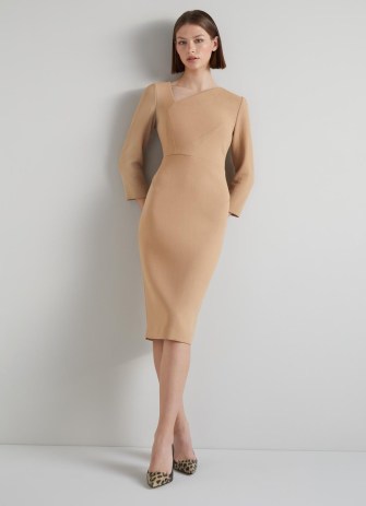 L.K. BENNETT Alexis Caramel Wool Crepe Shift Dress ~ asymmetric neckline pencil dresses - flipped