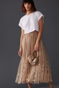 Geisha Designs Sequin Tulle Skirt in Beige – luxe style sheer overlay skirts – sequinned net fabric occasion fashion