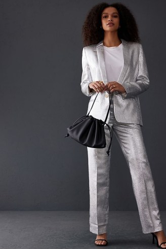 Stella Nova Metallic Ivy Blazer in silver – womens shiny blazers – glam jackets - flipped