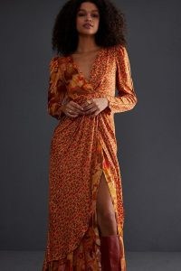 Celia B Kazbek Midi Dress in Orange / mixed floral print wrap style dresses / 70s vintage inspired prints / retro look fashion