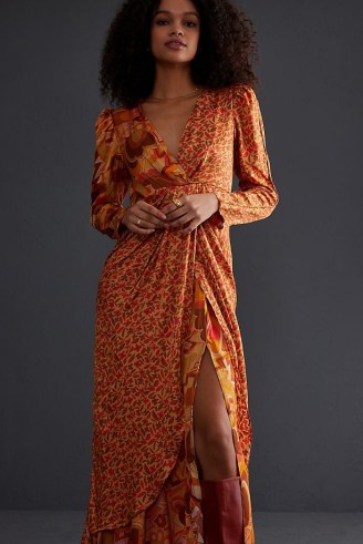 Celia B Kazbek Midi Dress in Orange / mixed floral print wrap style dresses / 70s vintage inspired prints / retro look fashion