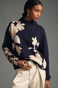 Jo Faulkner for Anthropologie Mock Neck Pullover in Navy / floral pullovers / women’s dark blue turtleneck jumper