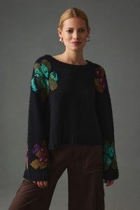 Maeve Embroidered Cropped Jumper in Navy / women’s dark blue slouchy floral jumpers / womens cropped boatneck sweaters
