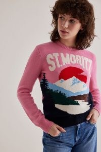 Winter Graphic Crew Neck Cashmere Jumper Pink Combo / women’s ski destination slogan jumpers / womens wool blend knitwear